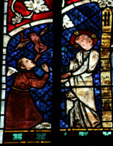 Jesus casts out demons. Stained glass, Strasbourg Cathedral, 13th century.
