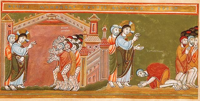 Cleansing of the Ten Lepers. Codex Aureus Epternacensis. c.1035-1040